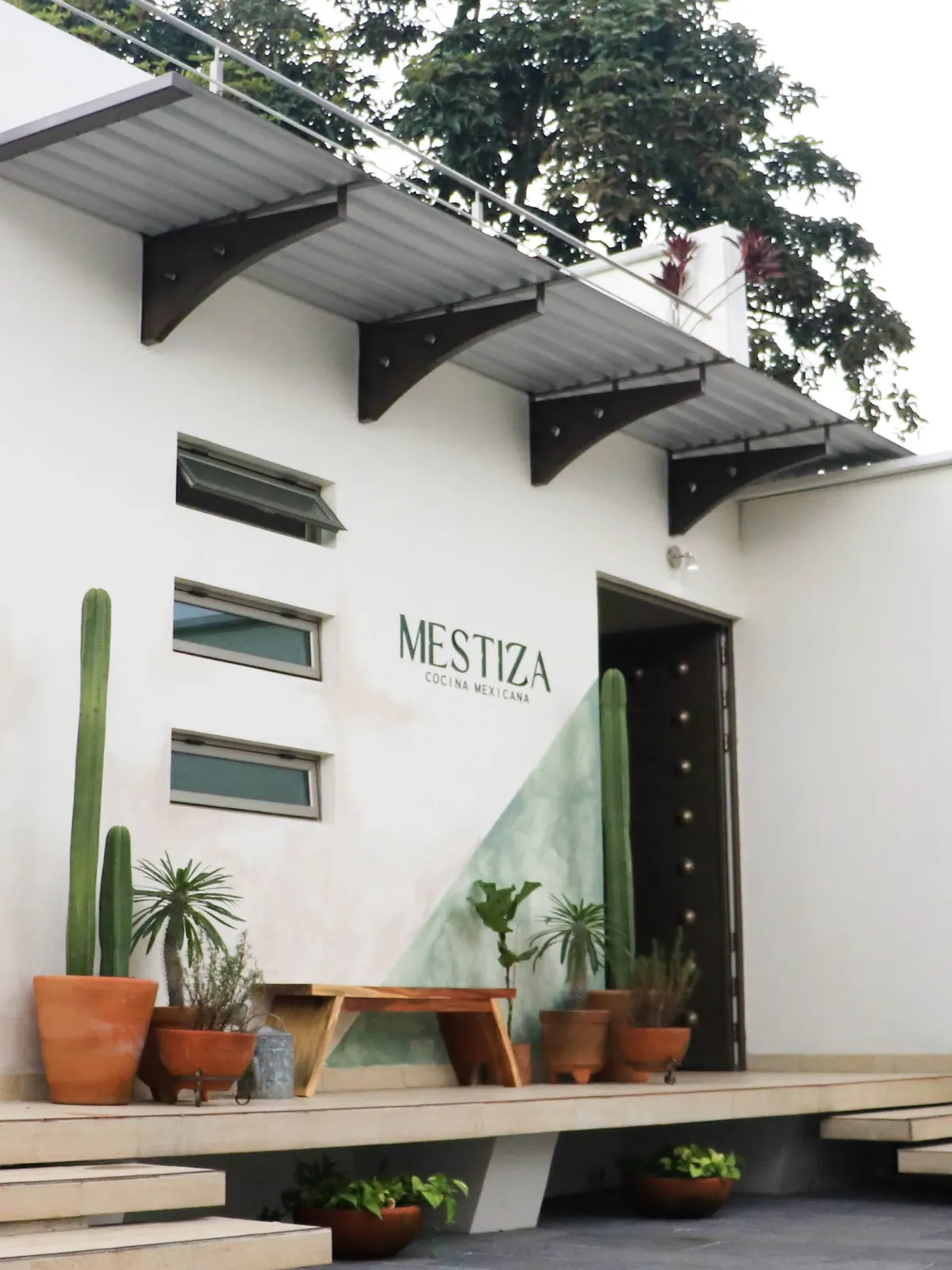 Fachada de Mestiza: muro blanco con el letrero MESTIZA COCINA MEXICANA, cactus en macetas de barro y la puerta de entrada